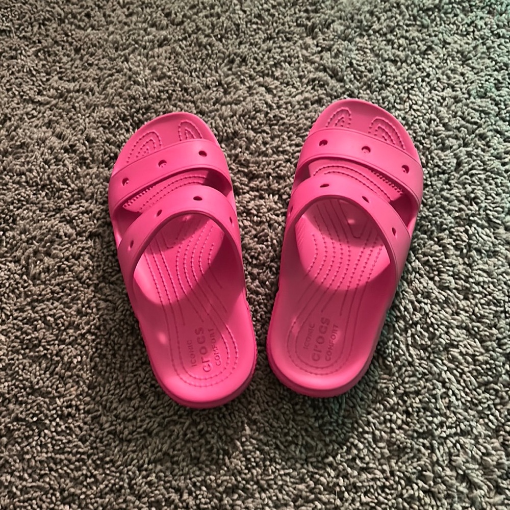 Hot pink croc slides